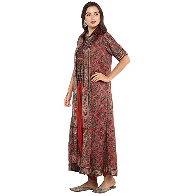BIBA Womens Round Neck Printed Top Patiyala And Jacket Set