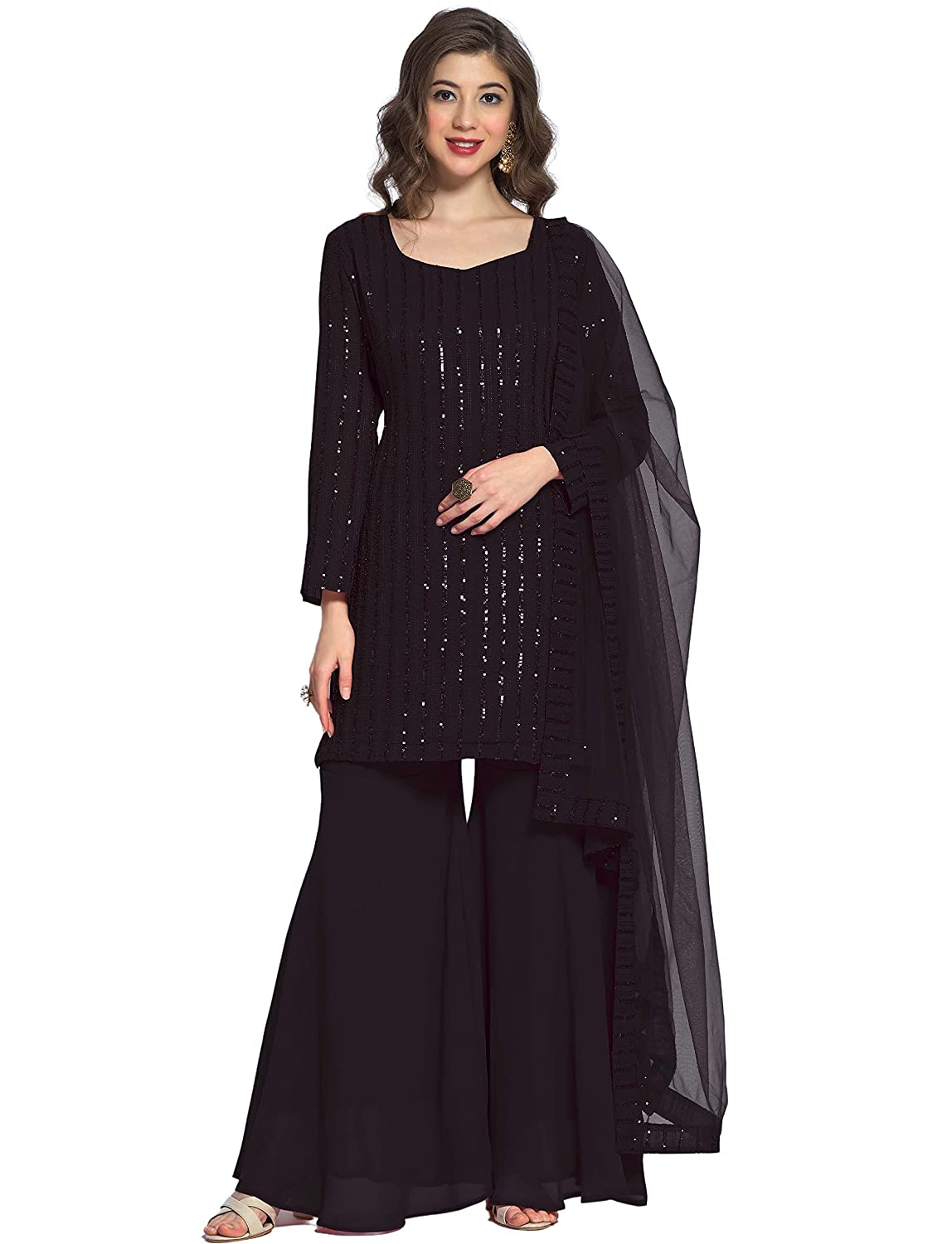 Navlik Faux Georgette Sequence Embroidered Unstitched Dress Material with Stiched Sharara