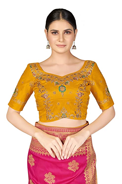 Monjolika Fashion Women's Banarasi Silk Blend Woven Work Tussles Saree With Heavy Embroidered Work Unsttiched Blouse Piece Free size (Monjolika 45560_color)