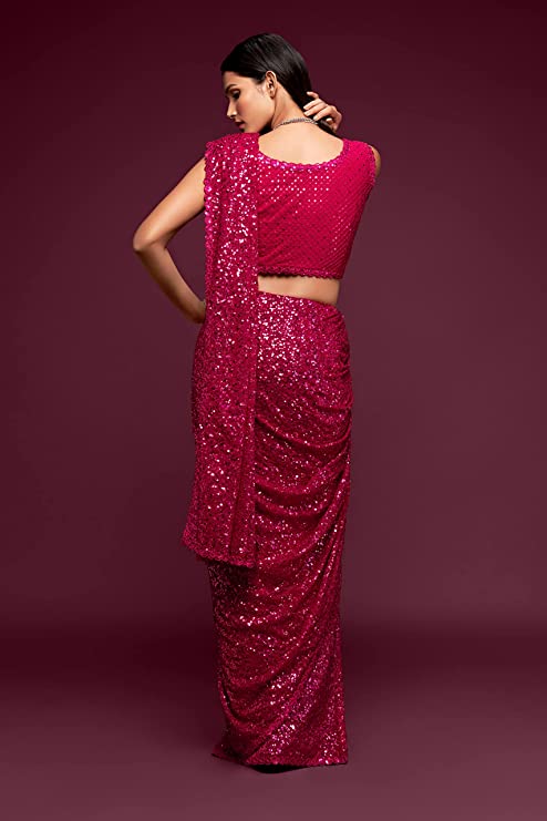 Zeel Clothing Women's Pink Sequins Work Heavy Georgette Saree with Blouse (1003-Hot-Pink-Sequins-Party-Saree, Pink)