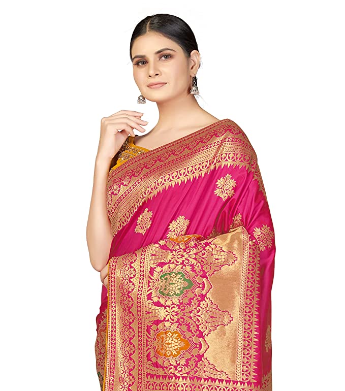 Monjolika Fashion Women's Banarasi Silk Blend Woven Work Tussles Saree With Heavy Embroidered Work Unsttiched Blouse Piece Free size (Monjolika 45560_color)