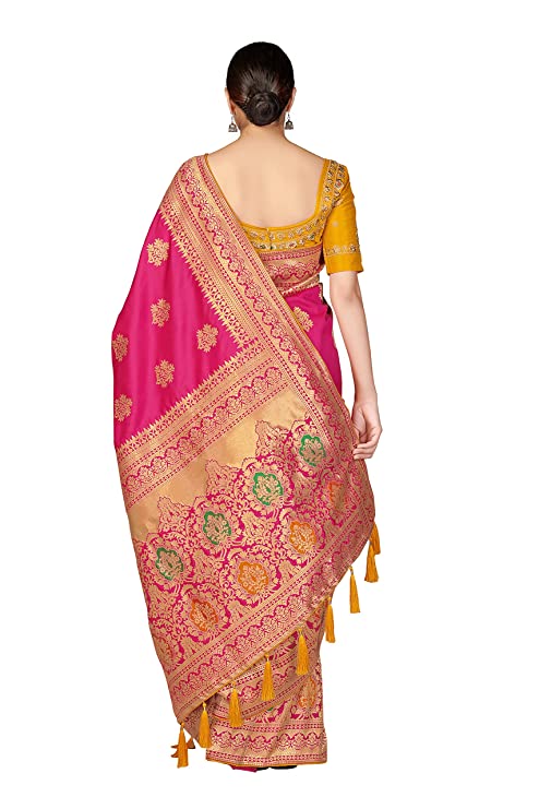 Monjolika Fashion Women's Banarasi Silk Blend Woven Work Tussles Saree With Heavy Embroidered Work Unsttiched Blouse Piece Free size (Monjolika 45560_color)
