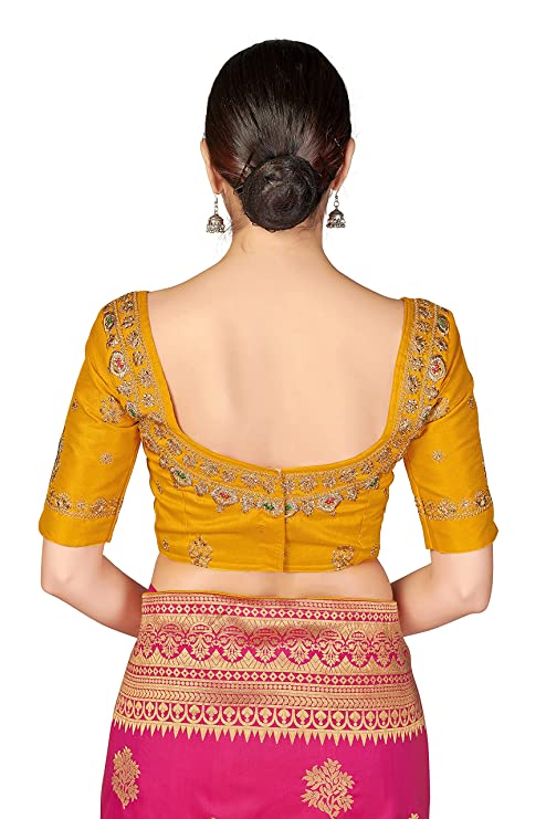 Monjolika Fashion Women's Banarasi Silk Blend Woven Work Tussles Saree With Heavy Embroidered Work Unsttiched Blouse Piece Free size (Monjolika 45560_color)